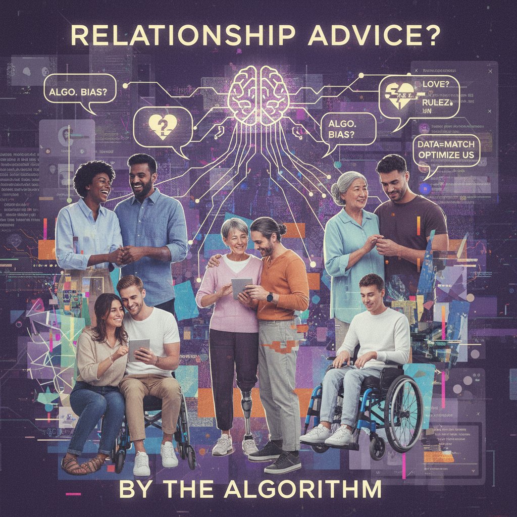 Diverse couples in digital collage, symbolizing algorithmic bias and diversity in online AI relationship advice