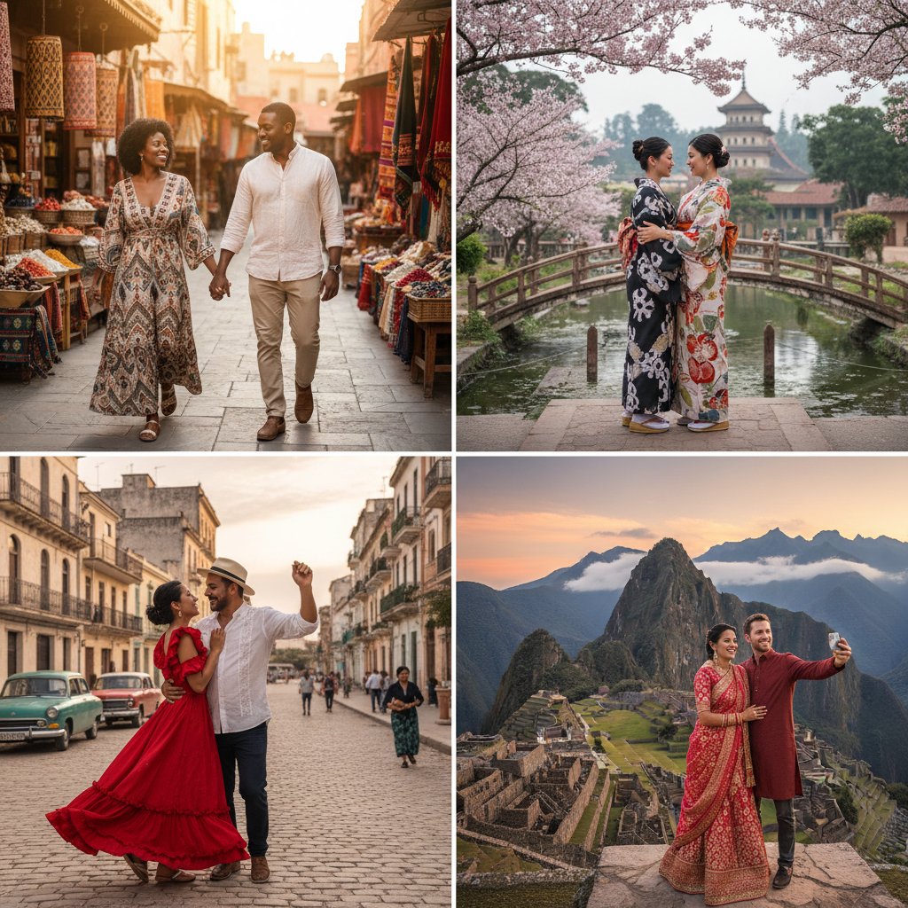 Cultural diversity in honeymoon destinations with couples from around the world