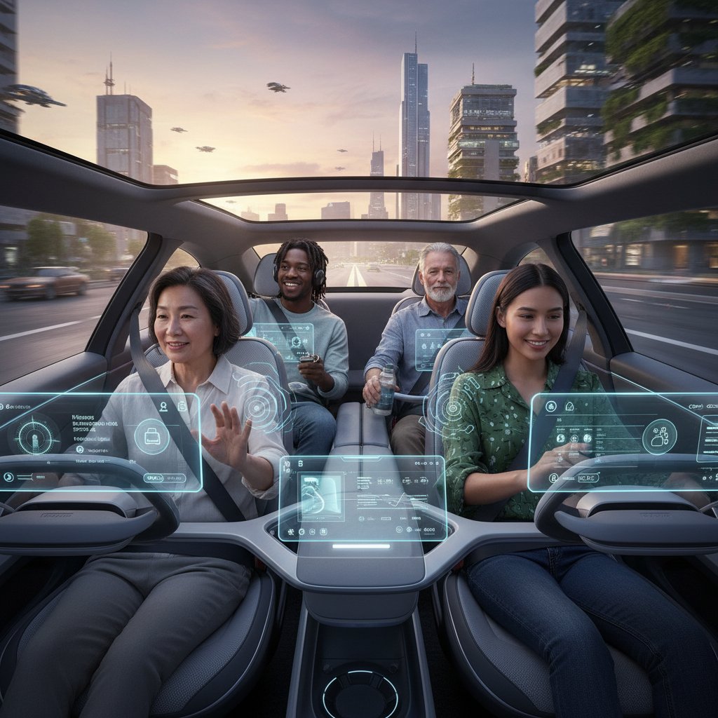 Drivers of different ages testing smart car features inside modern vehicles, reflecting diverse preferences