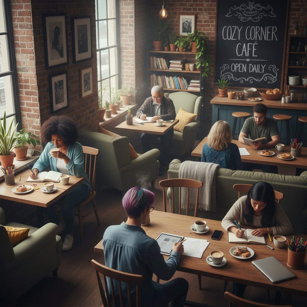 Group of diverse people in cozy urban café, each journaling in their own unique style, supportive atmosphere