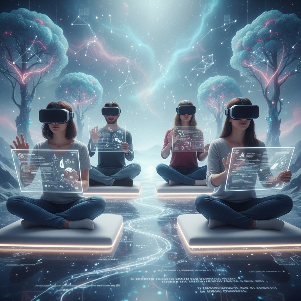 Diverse group journaling together in a virtual reality environment, blending tech and connection
