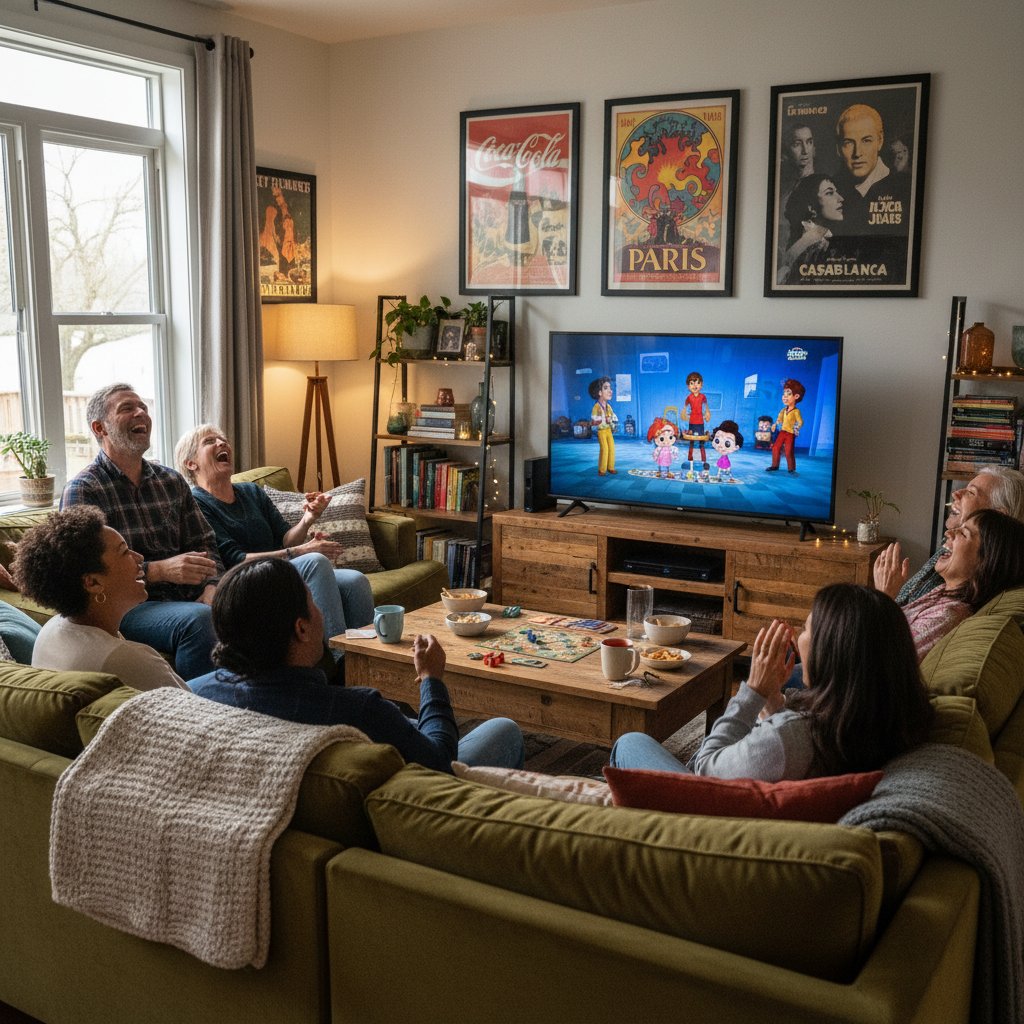 Diverse group laughing in a cozy living room, TV on, vintage posters in background