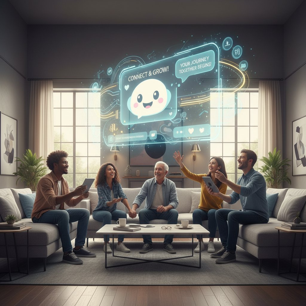 People using next-gen relationship chatbot on smart devices in a sleek modern living room, representing the future of AI-powered relationship coaching and digital intimacy