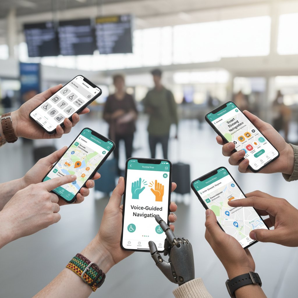 Diverse travelers accessing AI-powered tools, symbolic photo of hands of different ages using AI travel apps