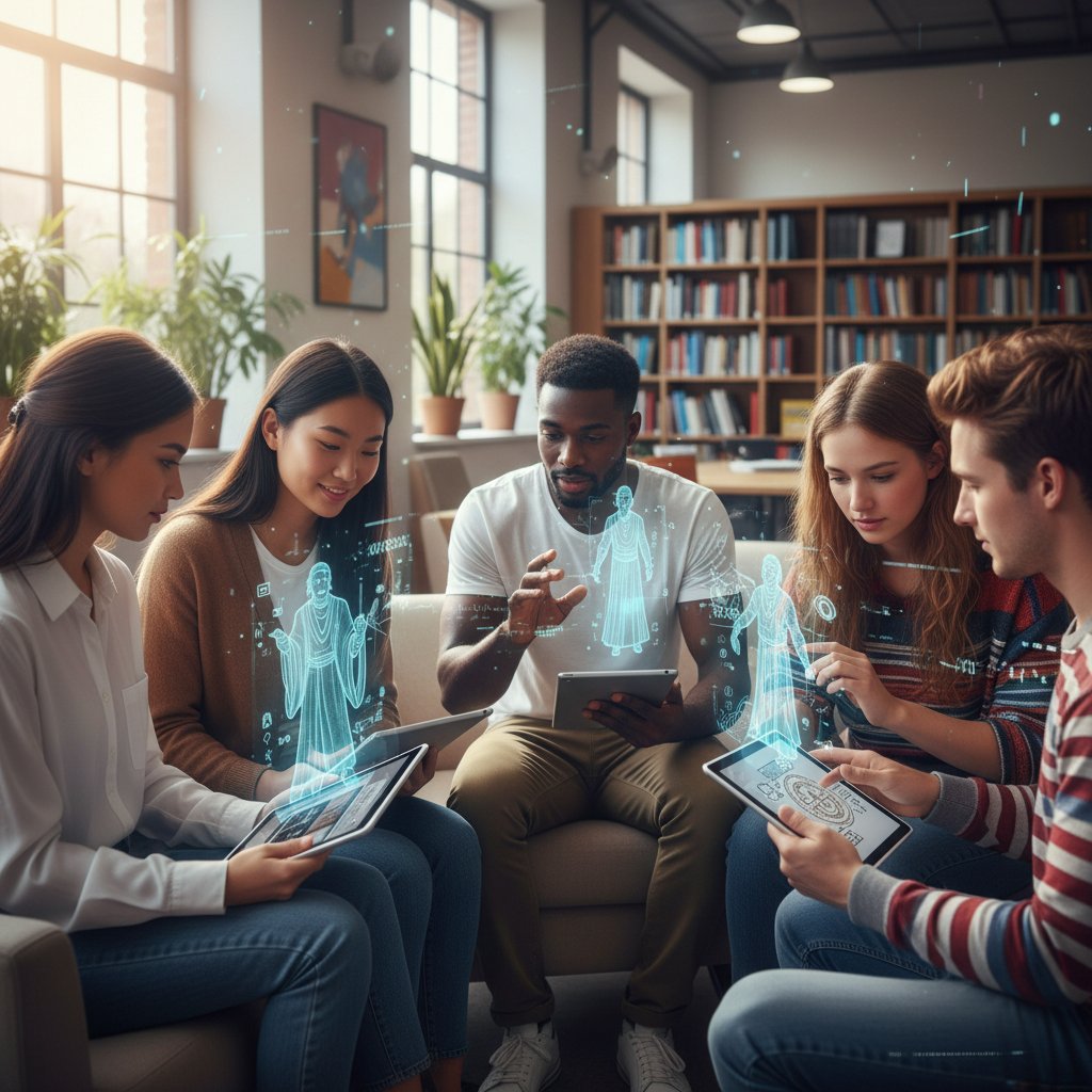 Students learning from a digital memorial conversation, illustrated by a diverse group of students gathered around a tablet in a classroom, engaged with a digital ancestor