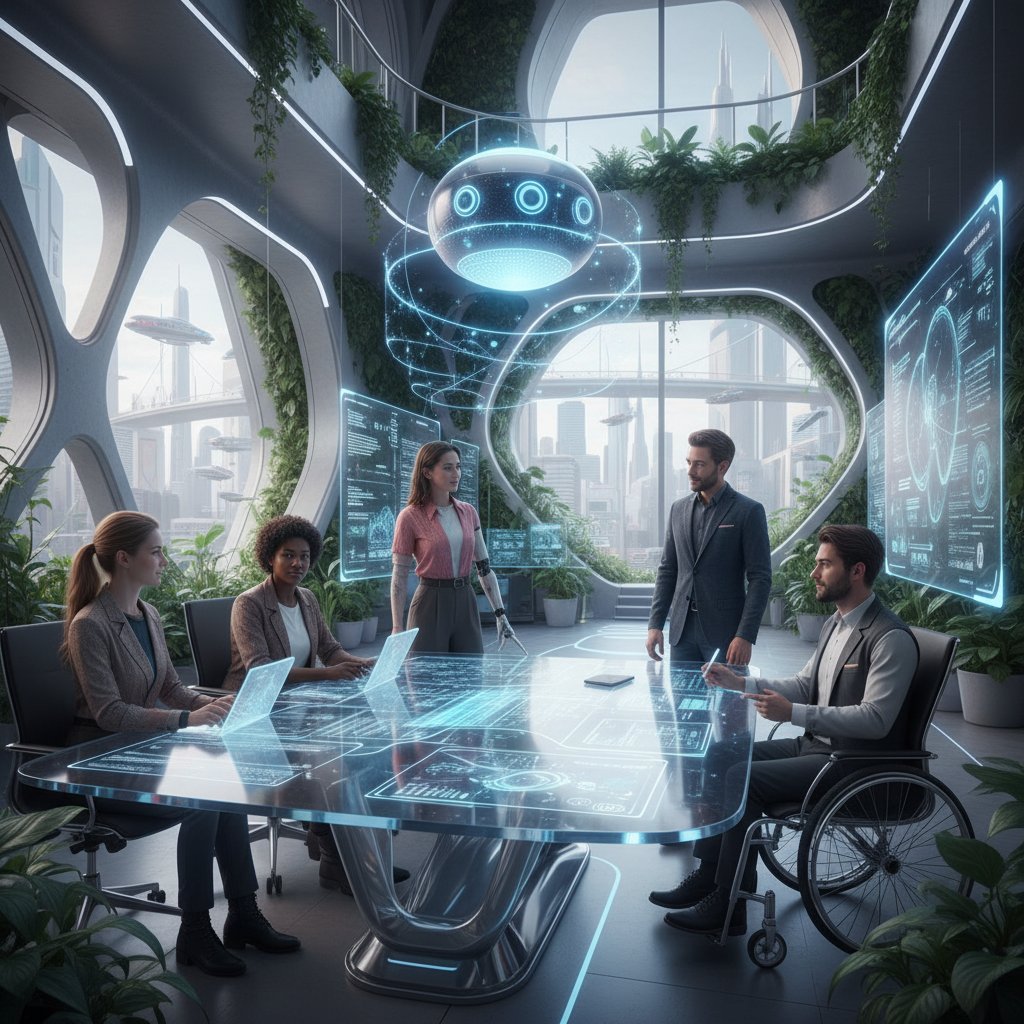 Diverse team collaborating with AI in future workplace, neon accents, futuristic office