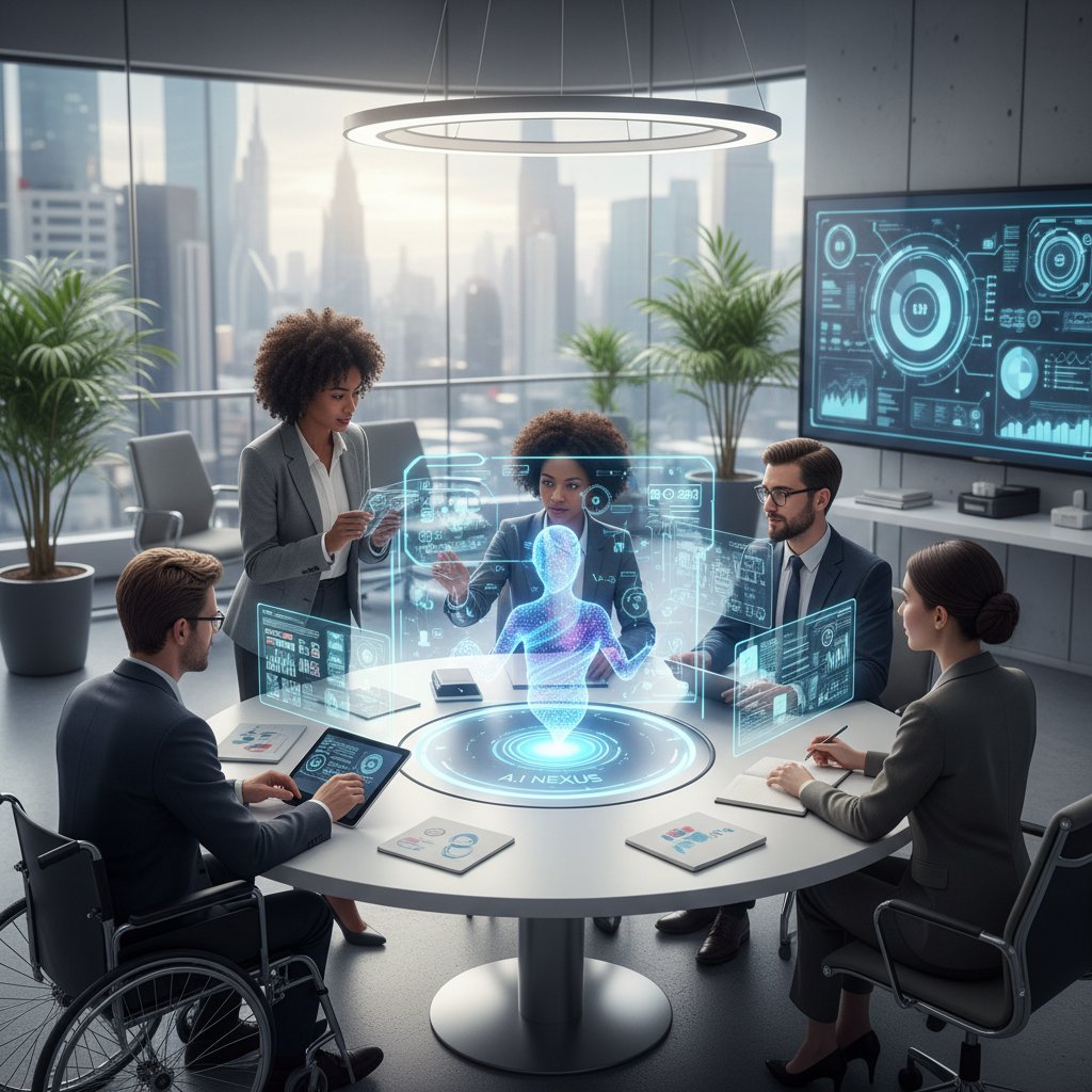 Diverse team collaborating with AI-powered digital assistant projected on wall, teamwork and virtual coordinator in action