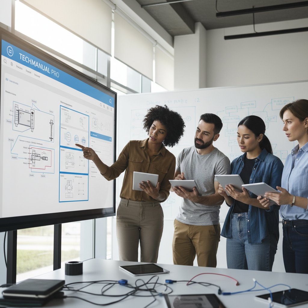 Diverse team in a training session, screens glowing with technical manual creation app, symbolizing upskilling and future-proofing