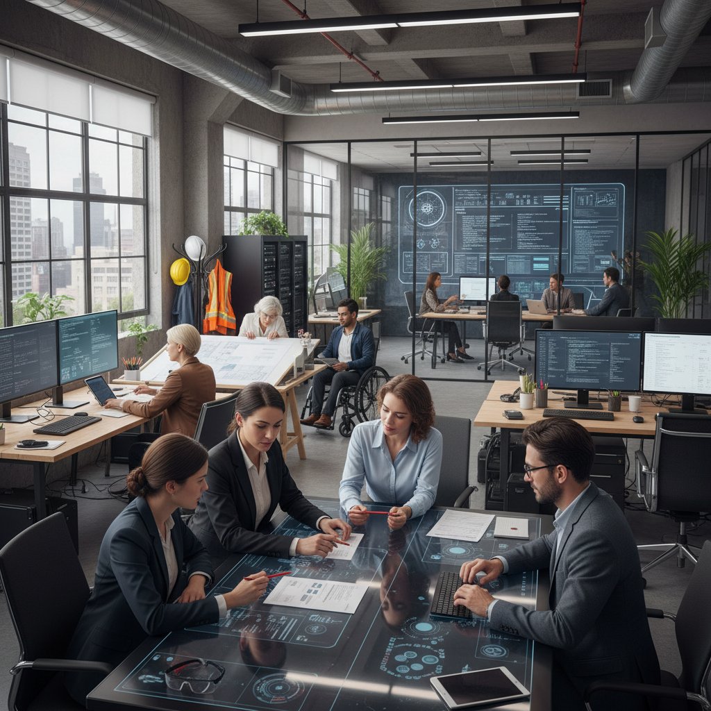 Diverse teams generating project documents in different industries, emphasizing that generate project documents requires context