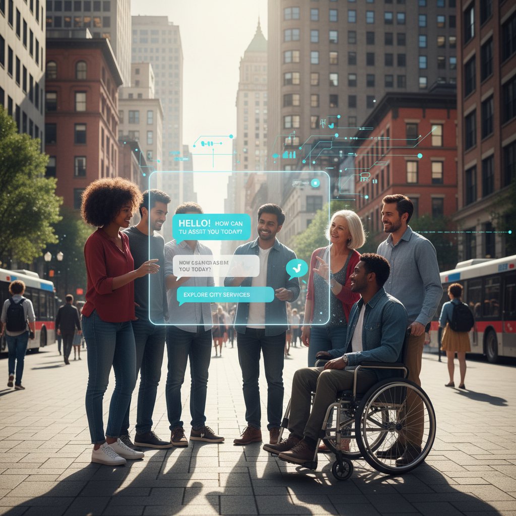 Inclusive group of users interacting with a chatbot interface in a diverse urban setting, documentary style, AI chatbot user testing