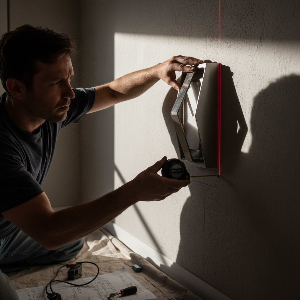 Person installing wall sconce with precise placement