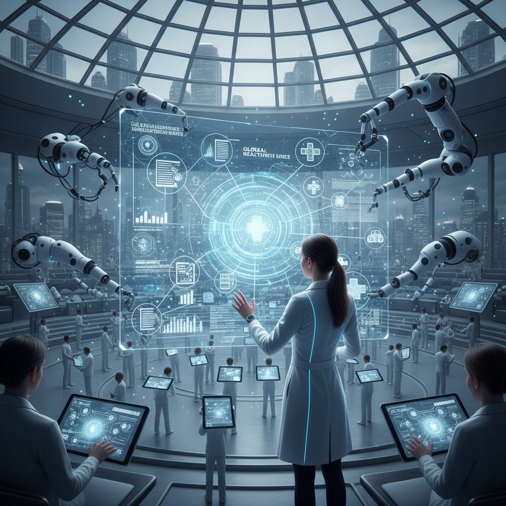 Lekarz korzystający z zaawansowanej technologii, ekrany, AI, decentralizacja wiedzy