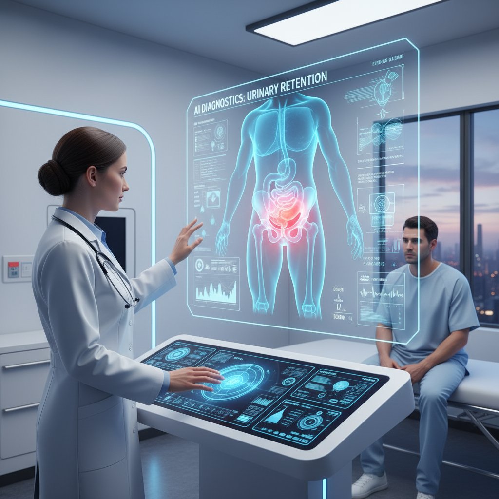 Zdjęcie lekarza analizującego dane pacjenta na ekranie komputera z wykorzystaniem sztucznej inteligencji, ilustracja cyfrowej rewolucji w diagnostyce zatrzymania moczu