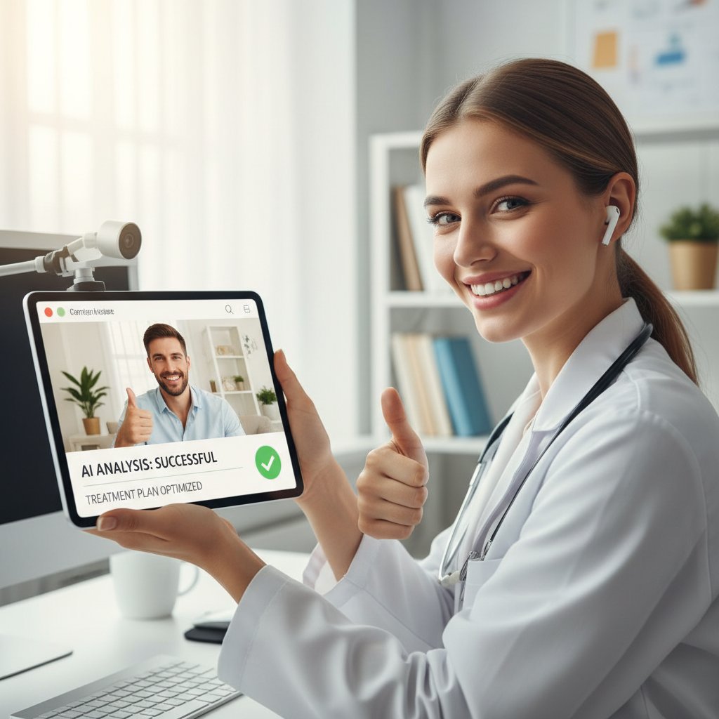 Lekarz i pacjent analizują wyniki AI na ekranie tabletu, uśmiechnięci, sukces telemedycyny