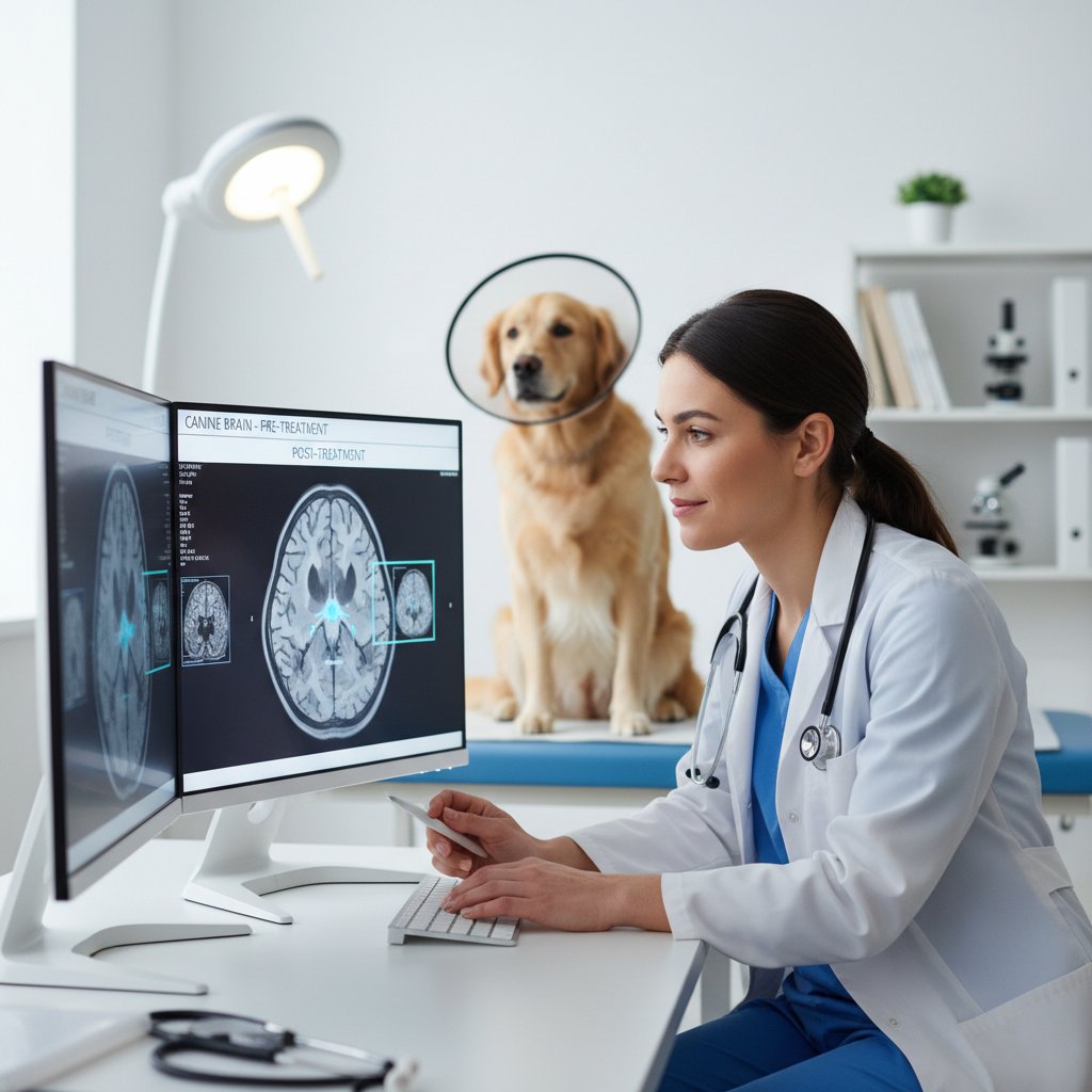 Lekarz analizujący obrazy PET i MRI na monitorze, porównanie wyników