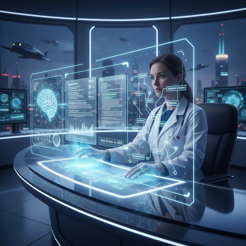 Doctor using AI-powered analytics to review patient documents, document analytics software industry forecast