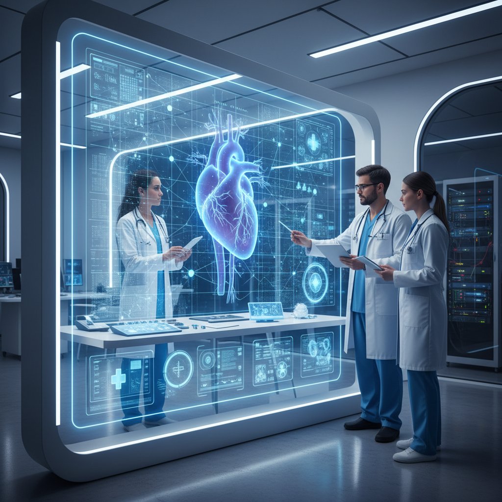 Zespół lekarzy analizujący wyniki angiografii na monitorach, wsparcie AI, nowoczesna technologia