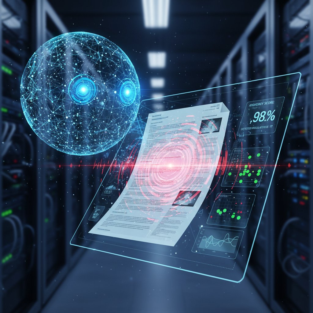 Close-up of AI model visualizing document anomalies in a digital file, intense editorial mood, 16:9