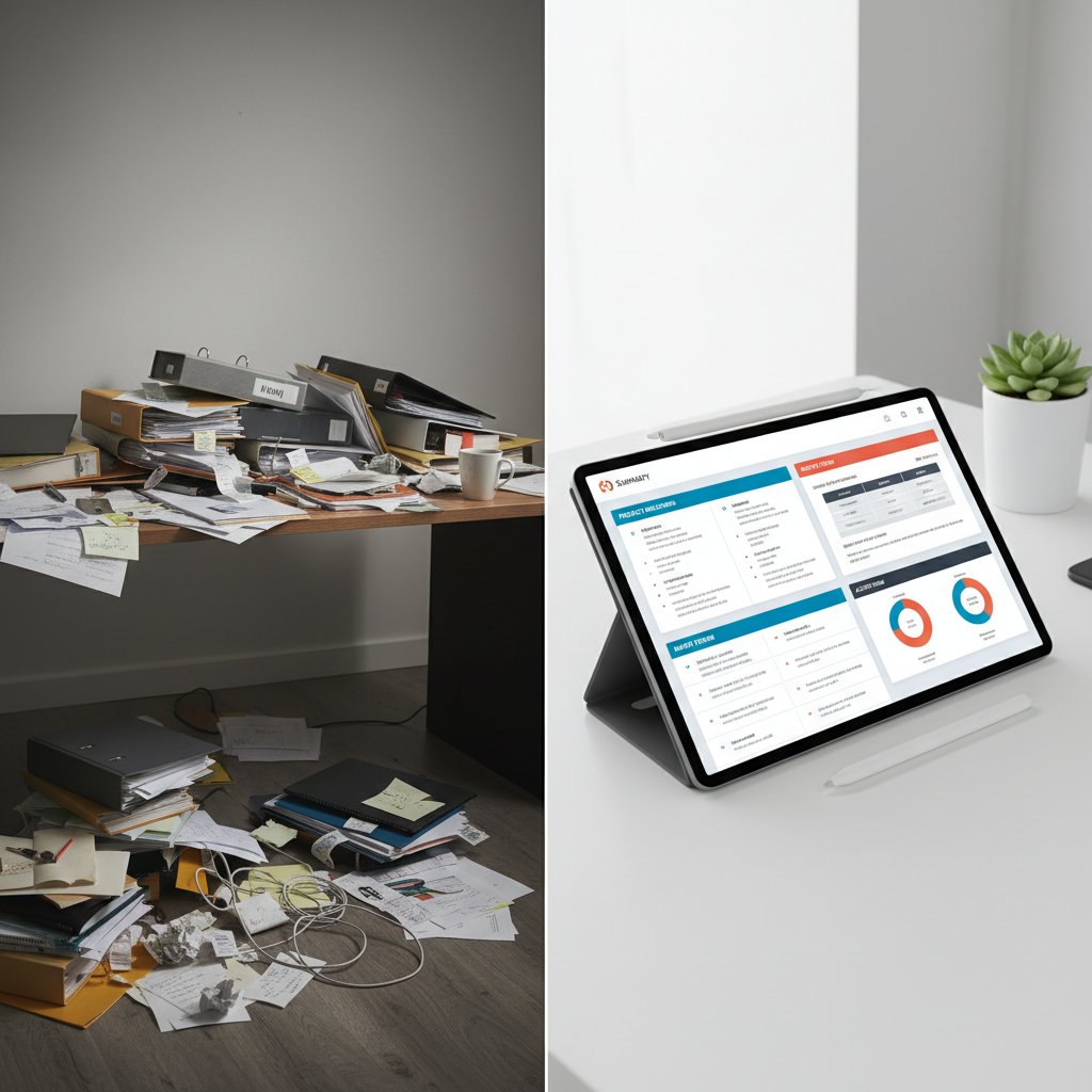 Document chaos vs. AI-generated clarity, before and after with document summarizer for data management
