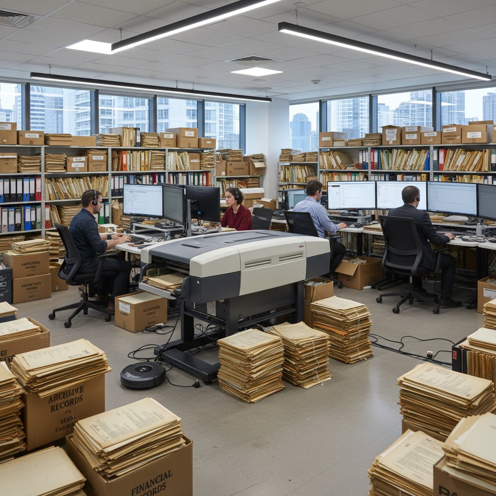 A chaotic paper-filled back-office undergoing digitization with modern scanning technology; editorial, candid shot
