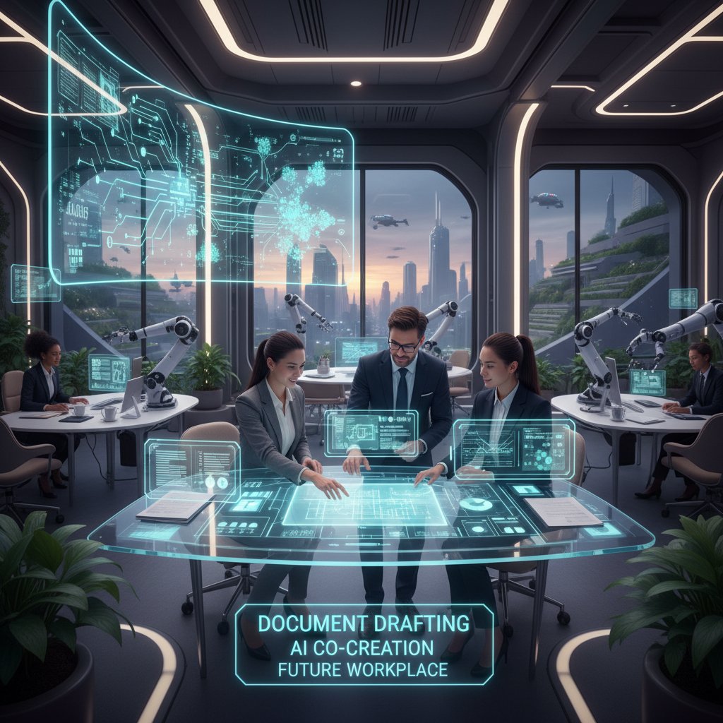 A futuristic office scene with humans and AI assistants co-creating a digital document on a transparent screen, symbolizing the next generation of document drafting automation software