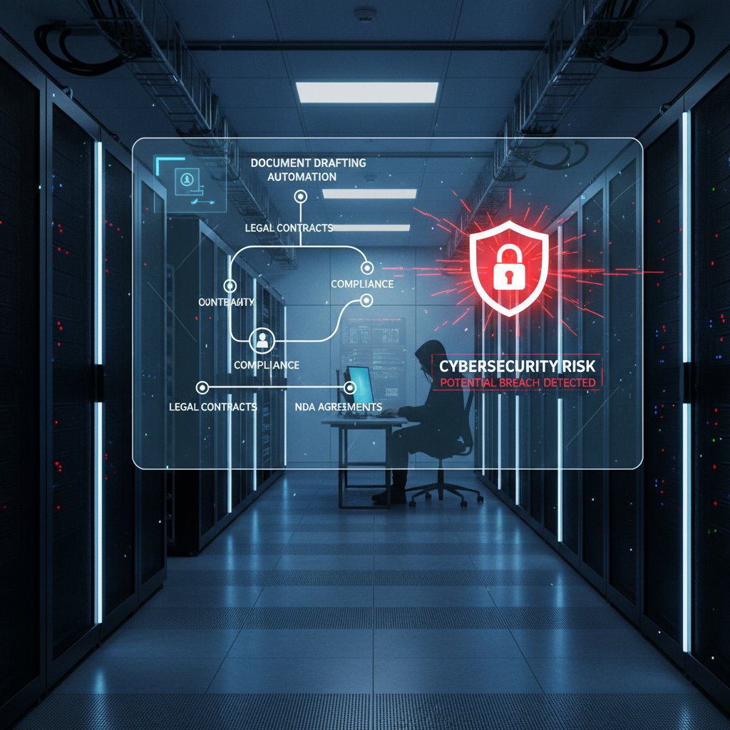 Team of stressed IT professionals in a server room, reacting to a security breach during document automation software integration, highlighting cybersecurity risks in digital drafting