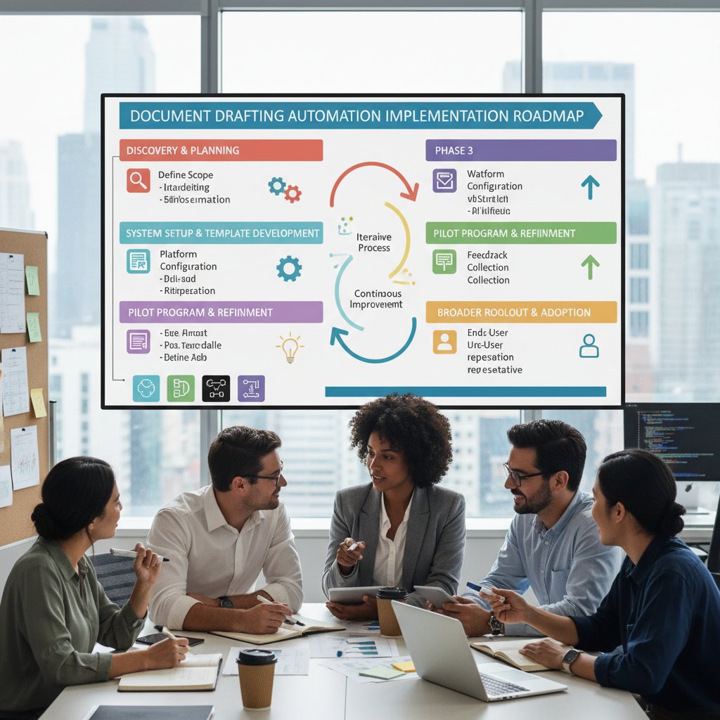 A diverse team of professionals gathered around a digital display, reviewing an implementation roadmap with clear milestones, representing best practices for adopting document drafting automation software