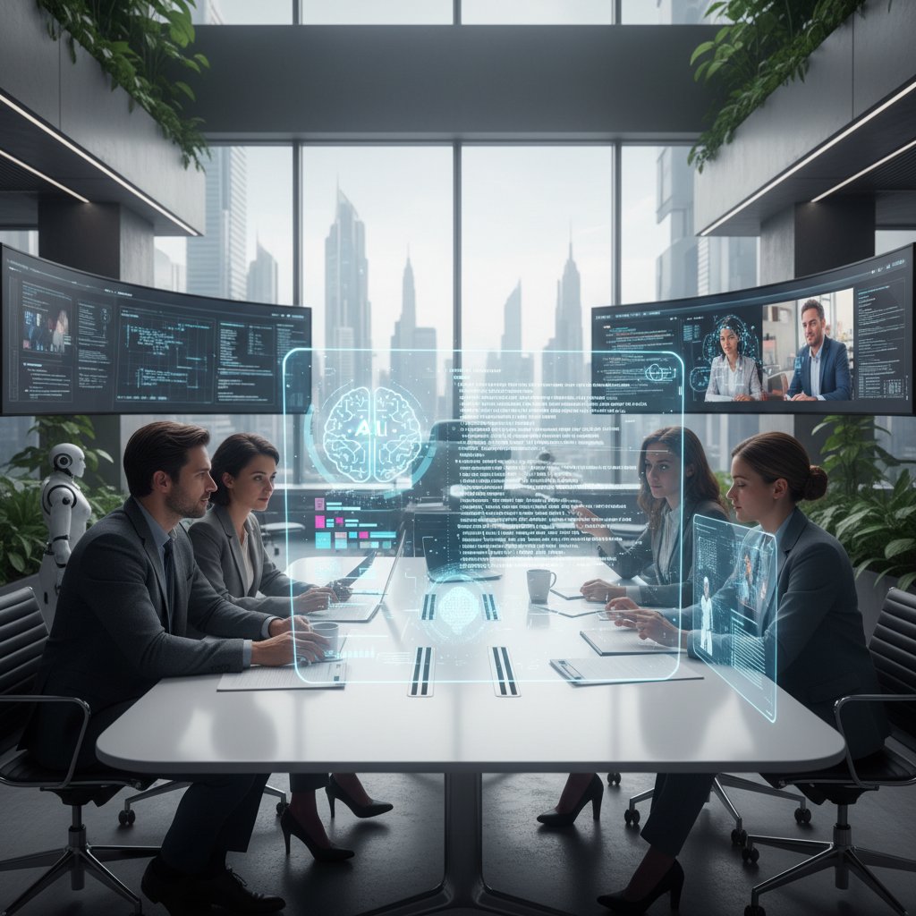 Sleek, high-tech office environment where an AI-powered platform displays a contract draft in progress, with real-time collaboration from a diverse team, reflecting modern document drafting automation software in action