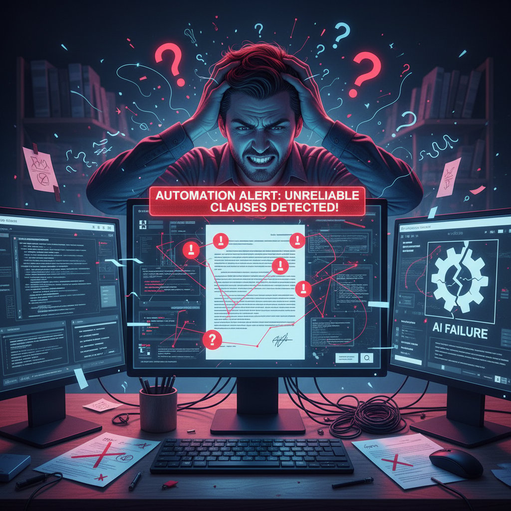A frustrated professional examining a confusing software dashboard with unclear pricing details and missing integration options, illustrating red flags when choosing document drafting automation software