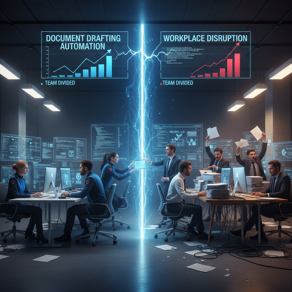 A boardroom scene where half the team embraces laptops and digital screens while others clutch paper binders, visually representing workplace disruption from document drafting automation software