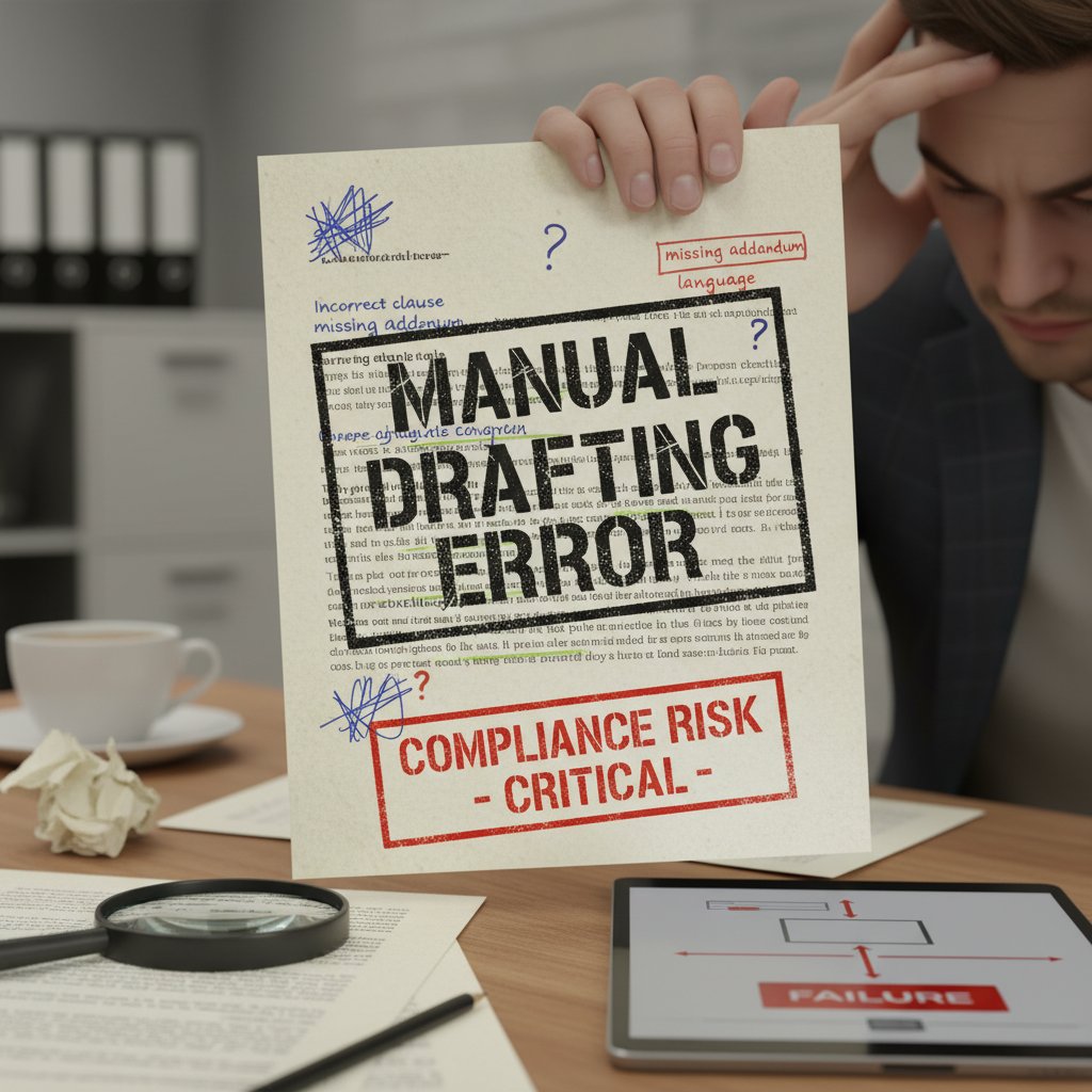 A frustrated business professional reviewing a paper contract with red markings, highlighting a critical error, in a dimly lit office, representing the dangers of manual document errors in drafting automation
