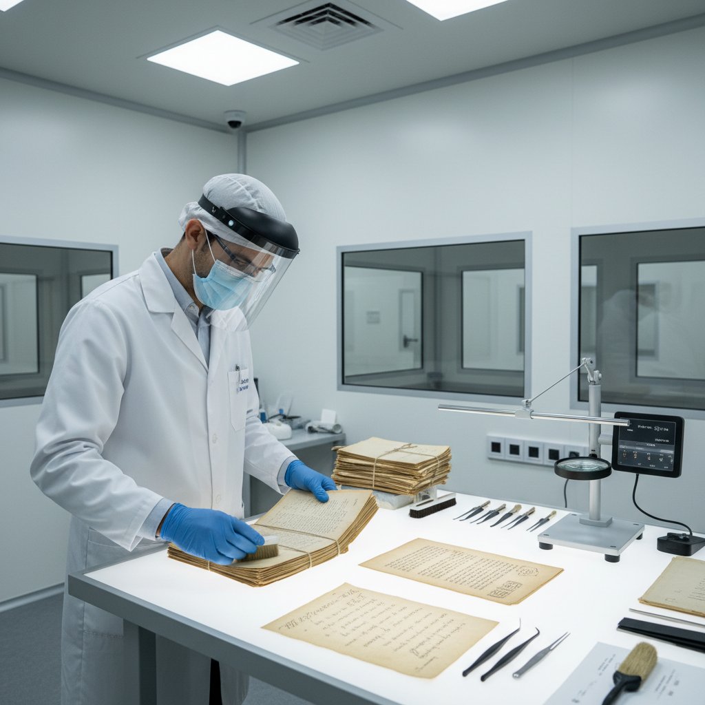 A technician preparing documents in a controlled lighting environment before scanning, highlighting the pre-scan process