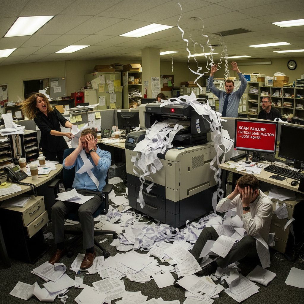 A chaotic office scene with papers scattered, stressed workers, and malfunctioning scanning equipment, representing a scanning failure