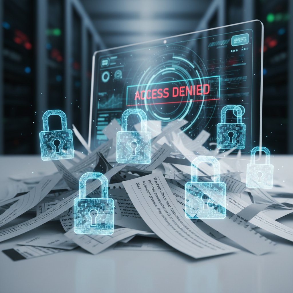 Abstract image with digital padlocks and shredded paper, symbolizing data security threats to digitized documents
