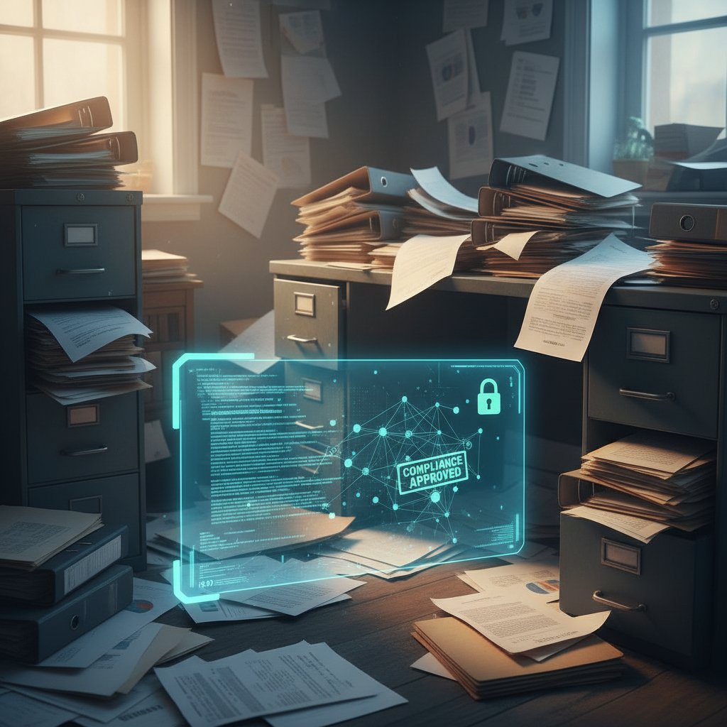 Overflowing file cabinets morphing into digital code, symbolizing the transition from paper to AI-driven compliance management document summarizer for compliance management