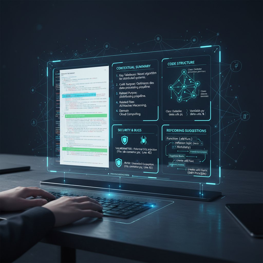 Software engineer reviewing code for AI document summarizer with contextual analysis on display