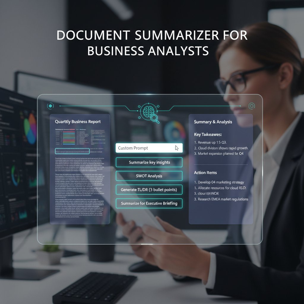 Business analyst creating custom prompts for document summarizer in office environment
