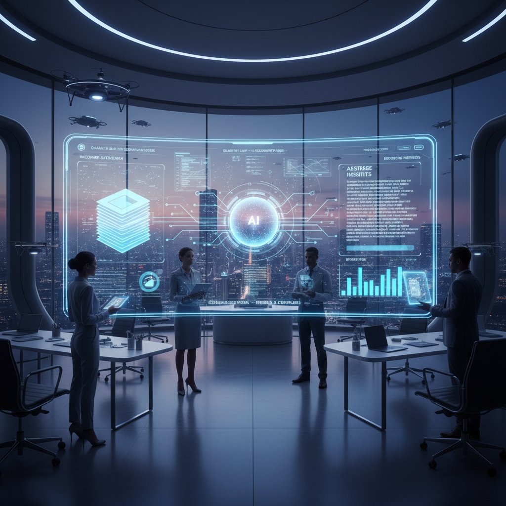 Futuristic office setting with AI analyzing diverse documents for document summarizer for enhanced accuracy