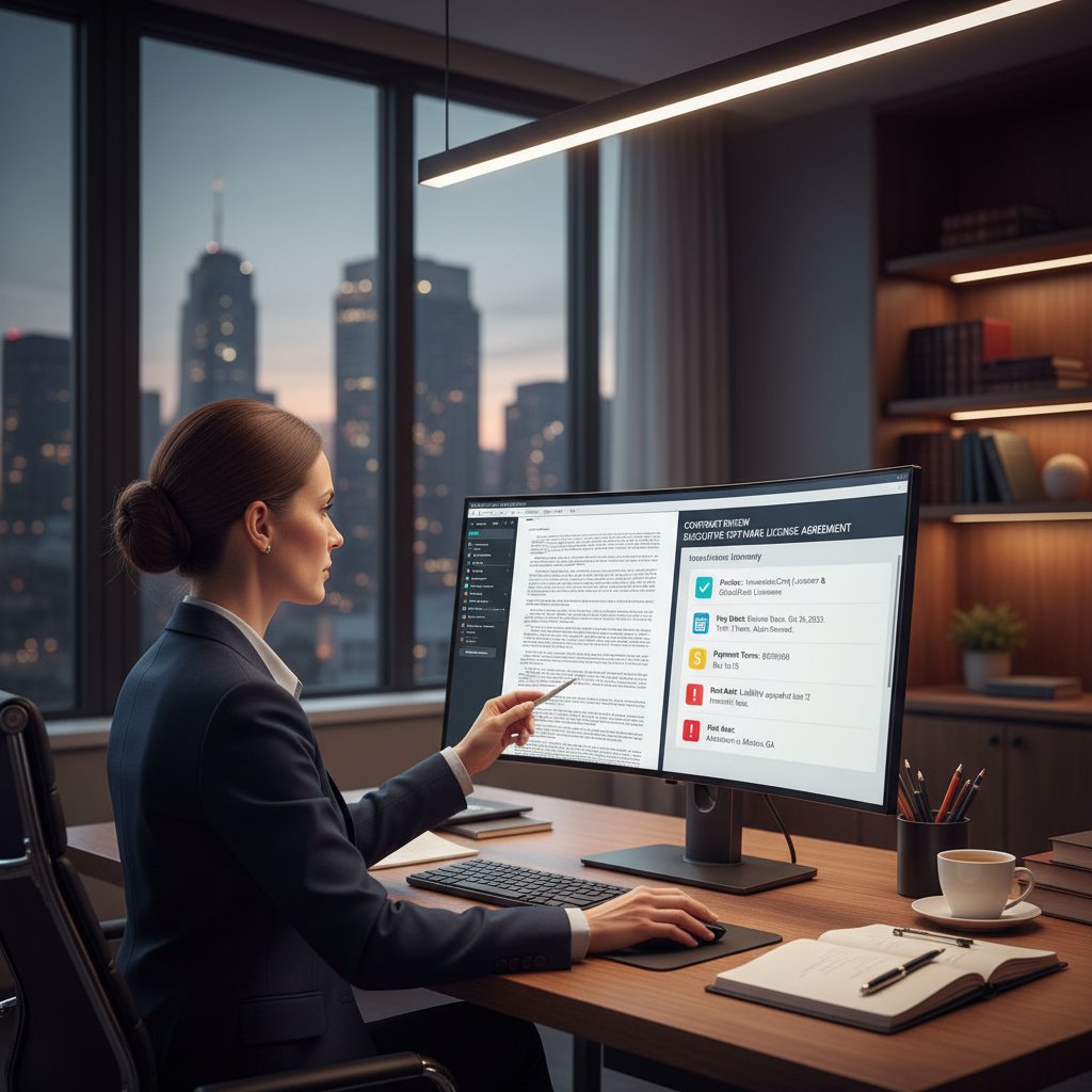 Lawyer cross-referencing contract summary with original document for enhanced accuracy in legal practice