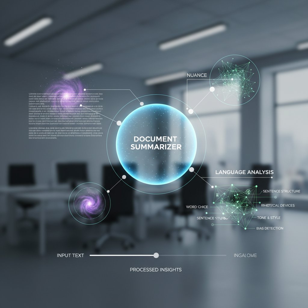 Person analyzing a document, AI highlighting nuanced language and subtext for document summarizer for enhanced accuracy