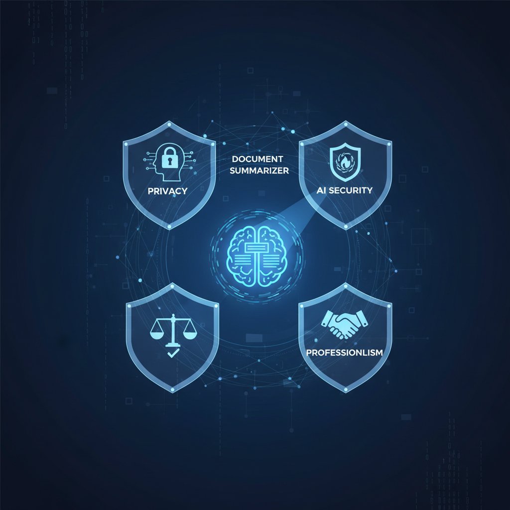 Professional reviewing AI summary on secure laptop, emphasizing privacy and data security measures