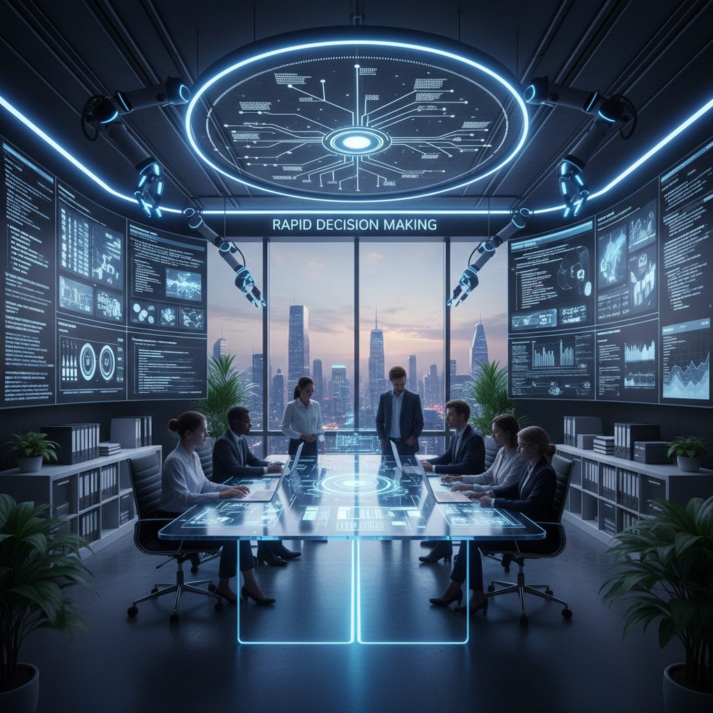 A determined executive using a tablet surrounded by chaotic paper files with AI overlays, representing rapid document summarizer decision-making