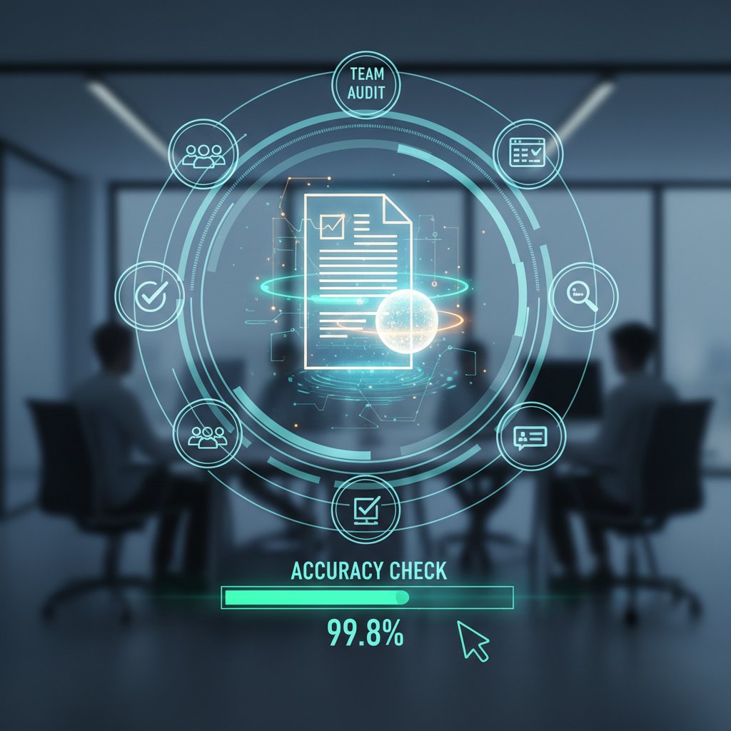 Team of professionals cross-checking document summaries for accuracy in a modern office setting
