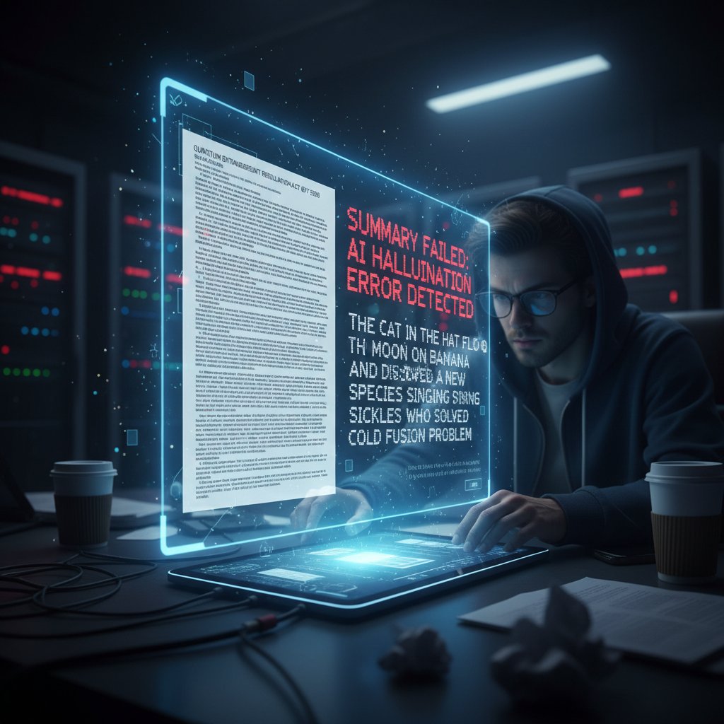 Frustrated professional noticing errors in AI-generated summary, AI interface glowing with red error signals