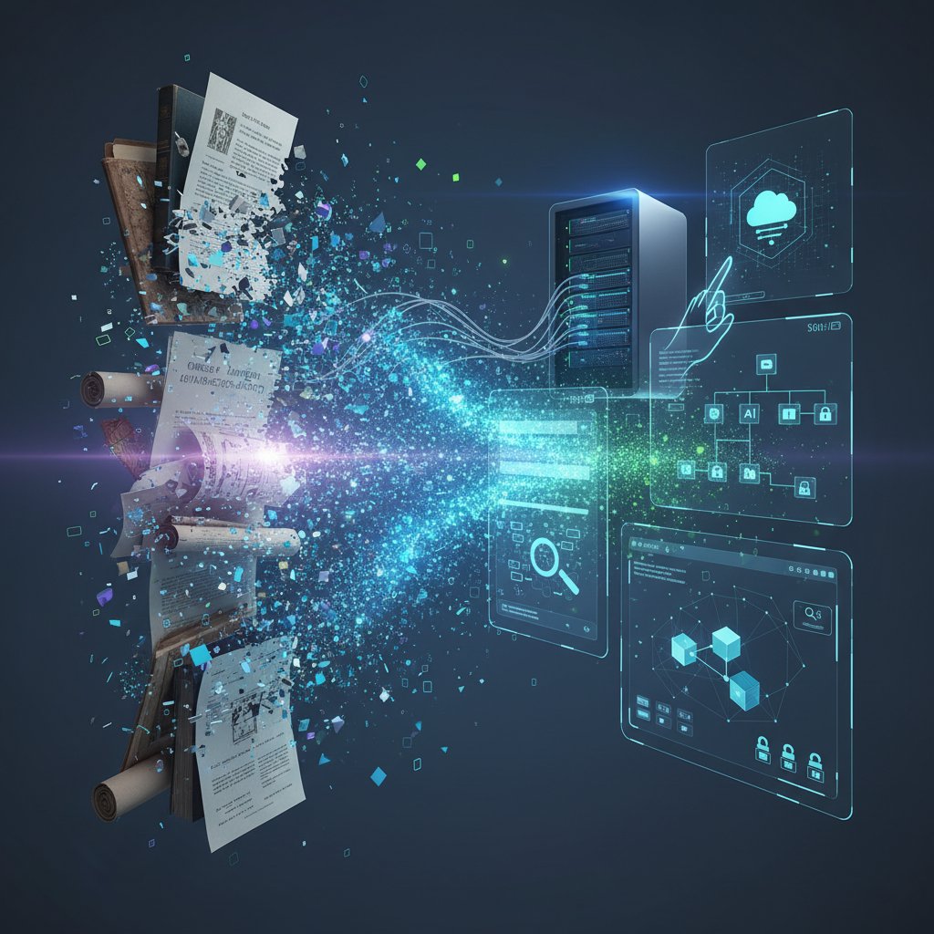 Symbolic image of a document transforming into pure data and fading into the horizon, representing document digitization technology innovations