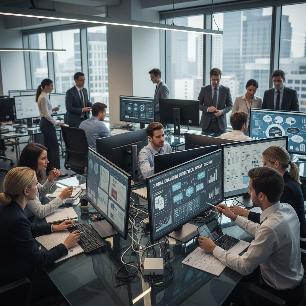 Cinematic documentary-style photo of diverse teams collaborating over screens and documents in a high-tech office—document digitization market growth, workplace transformation case study