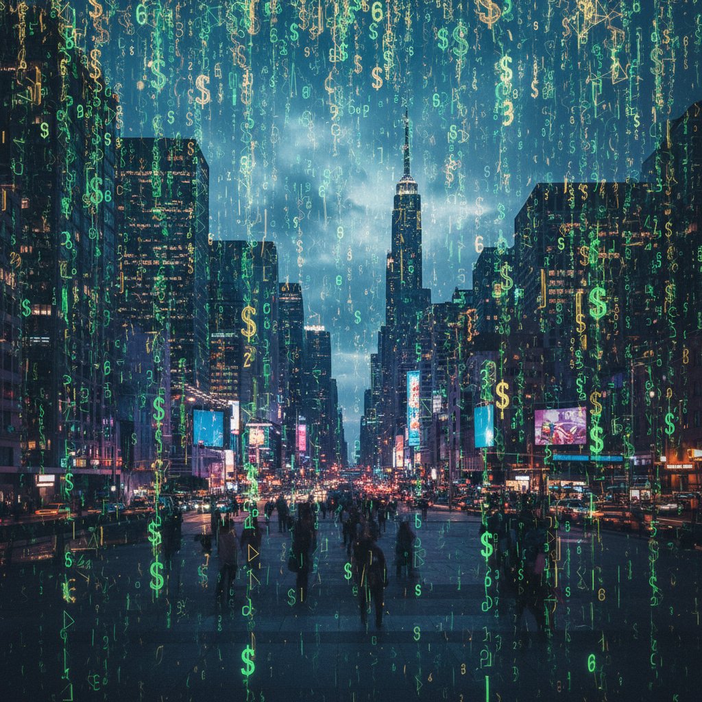 Infographic-style photo with dollar signs morphing into digital code in an urban setting, symbolizing the ROI of AI chatbot for financial advisors