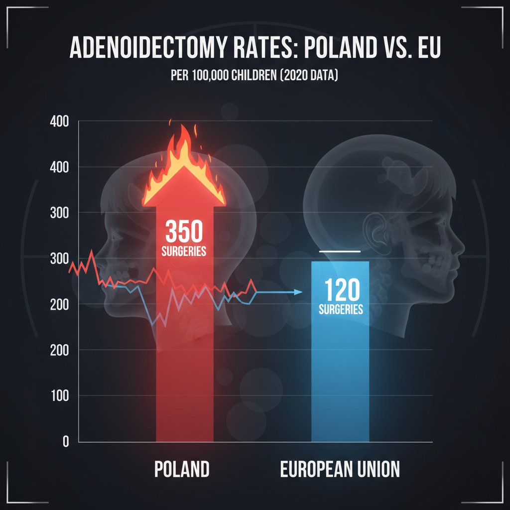 Wykres wzrostu operacji usunięcia migdałka gardłowego w Polsce na tle Europy
