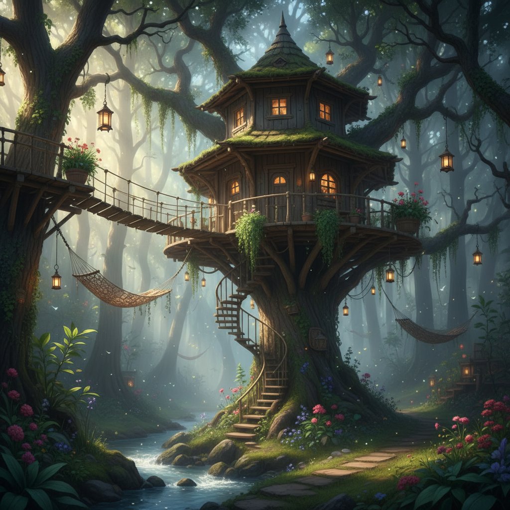 Dreamy treehouse deep in a remote forest, sunlight streaming through branches for nature immersion