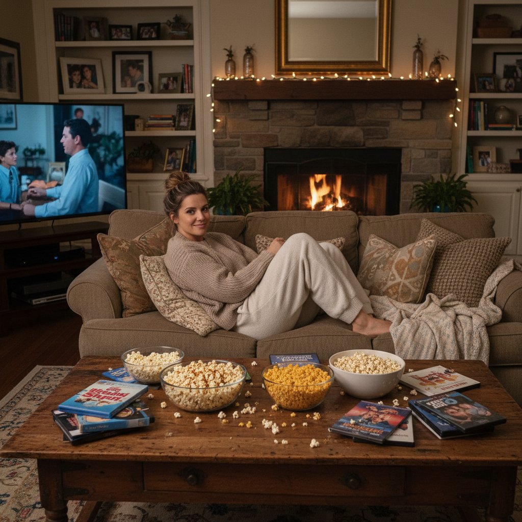 Drew Barrymore movie marathon setup, cozy living room, popcorn, and vintage posters